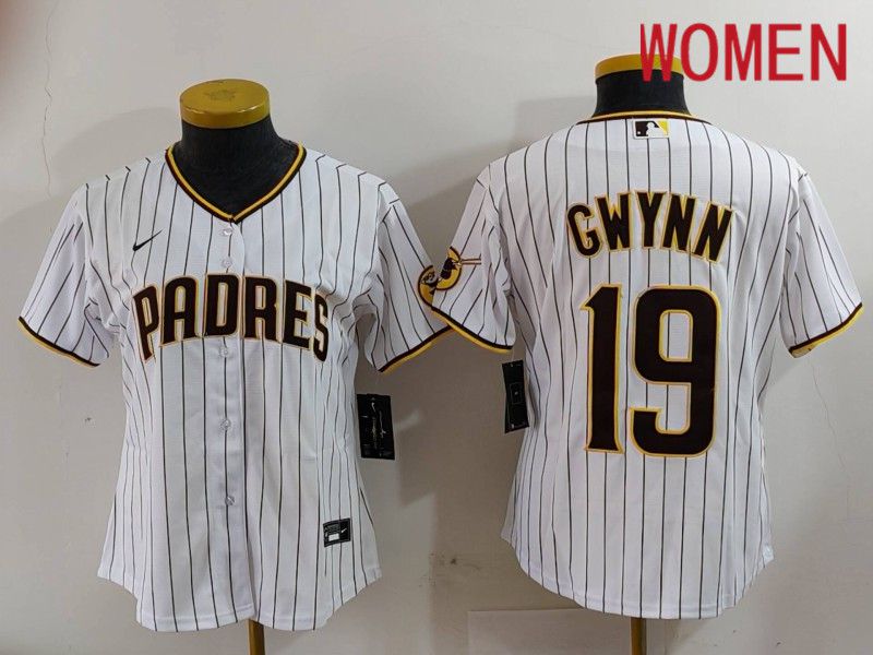 Women San Diego Padres #19 Gwynn White Stripe Game 2024 Nike MLB Jersey style 3->women mlb jersey->Women Jersey